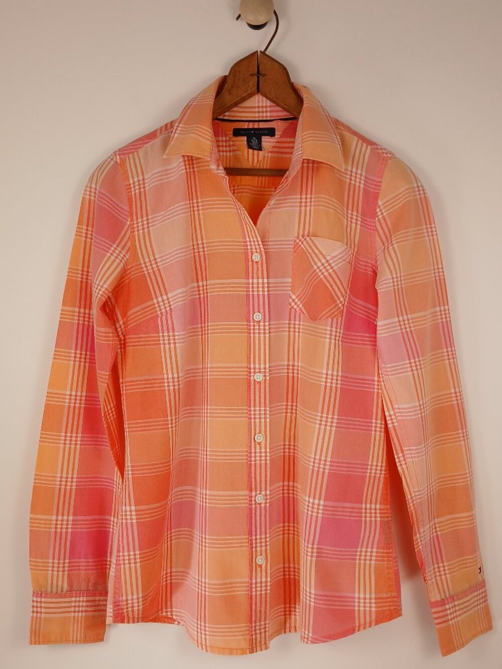 Tommy Hilfiger Womens XS Pink Orange Plaid Button Down Shirt Preppy Colorful